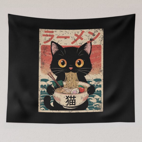 Aperçu de l'œuvre Affiche vintage japonaise drôle de chat ramen kawaii anime pour hommes créée et vendue par Flying Jake.