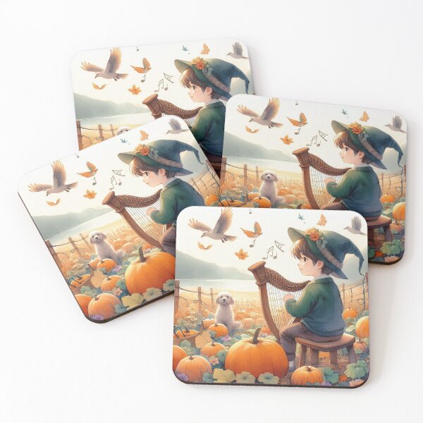 Item preview, Boy in Elf or Wizard Hat Playing Harp with Dog and Birds in Pumpkin Patch by Lake and Mountains designed and sold by ElegantTeaTime.