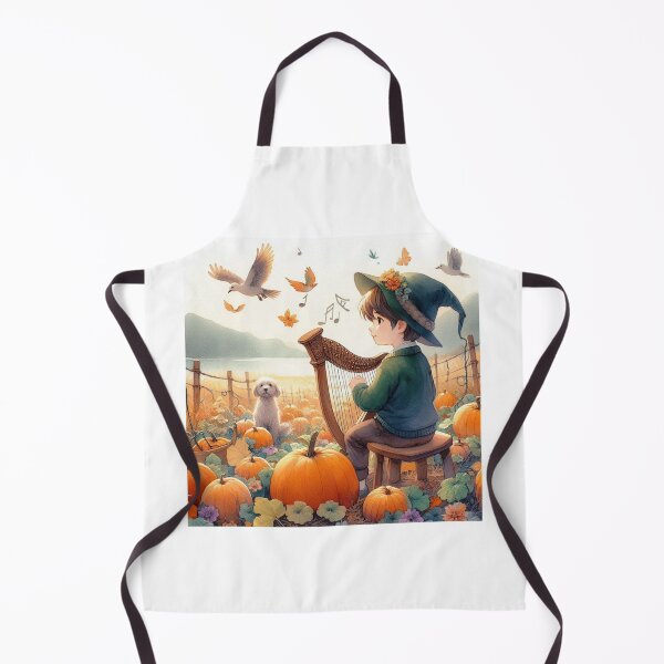 Item preview, Boy in Elf or Wizard Hat Playing Harp with Dog and Birds in Pumpkin Patch by Lake and Mountains designed and sold by ElegantTeaTime.