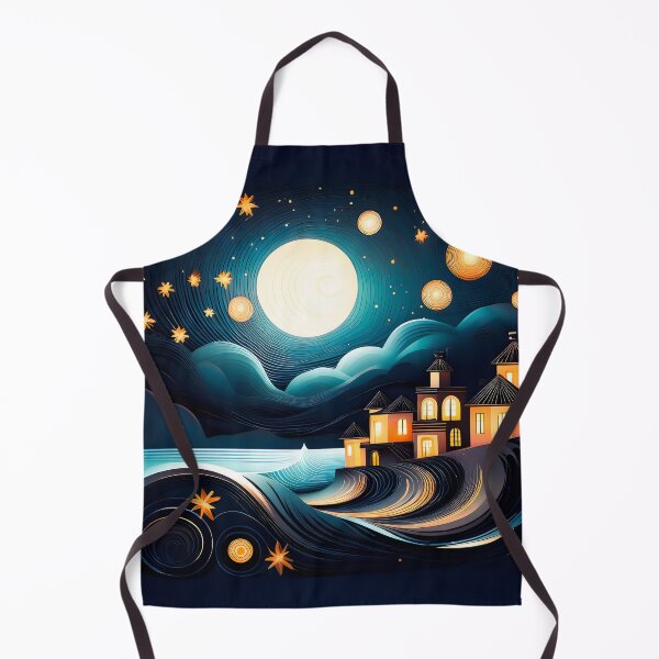 Aperçu de l'œuvre Un village côtier illuminé par la lune, avec des étoiles et des vagues tourbillonnantes créée et vendue par HEMRO.