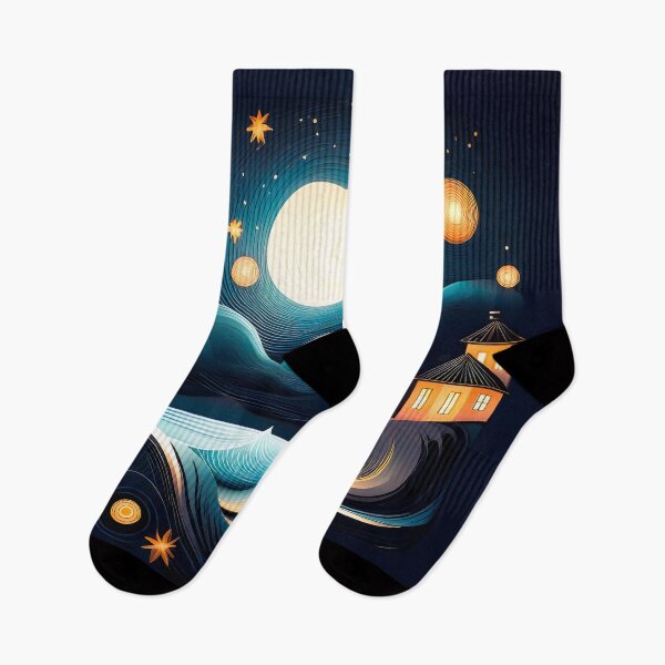 Item preview, A coastal village illuminated by the moon, with swirling stars and waves designed and sold by HEMRO.
