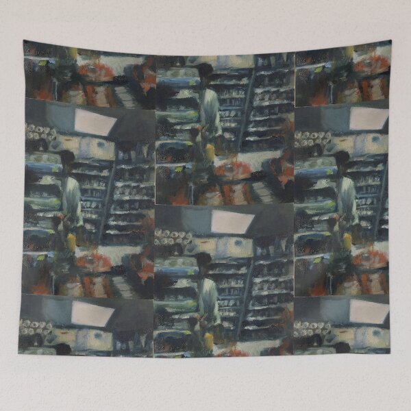 Item preview, Creepy man in convenience store - Oil painting designed and sold by maliafecteau.