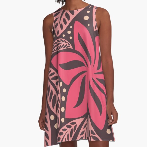Polynesian Hawaiian big flower pink aubergine floral tattoo design A-Line Dress