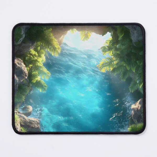 Item preview, A vibrant view of turquoise waters framed by lush greenery, showcasing a natural cave opening with sunlight filtering through. designed and sold by Jayjaynaenae.