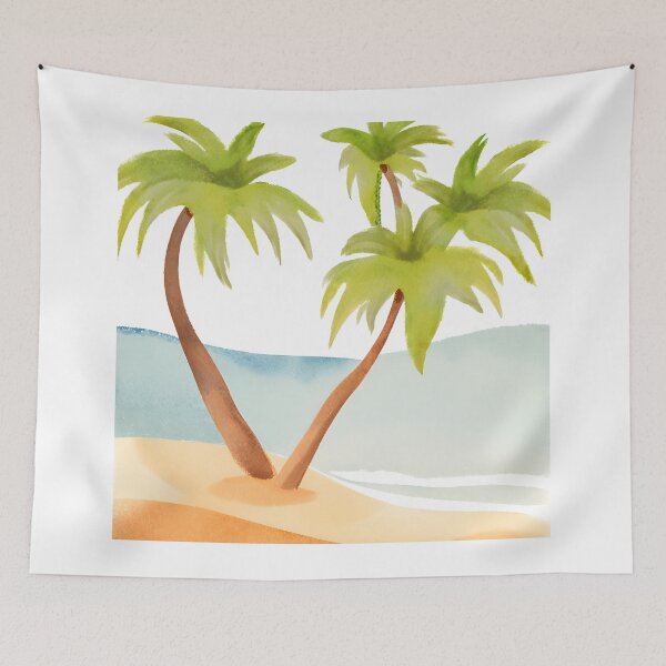 Item preview, Two palm trees are standing on a beach, with the ocean in the background designed and sold by PWDigitalArt.