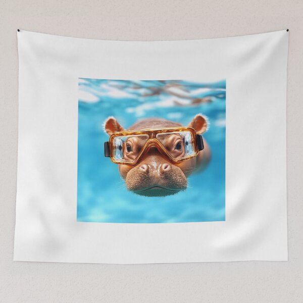 Item preview, A playful hippo swimming underwater in goggles, showcasing its curious expression amidst a vibrant aquatic environment. designed and sold by Jayjaynaenae.