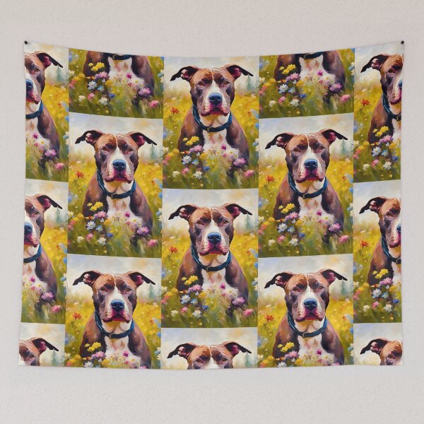 Item preview, Impressionist Pitbull in Wildflower Meadow – Cute Oil Painting Dog Art designed and sold by Fredster1966.
