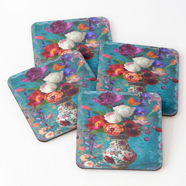 Item preview, Exquisite Floral Vase Arrangement on a Jewel Toned Teal Backdrop - Vibrant Blooming Bouquet Artwork designed and sold by Frame & Fold.