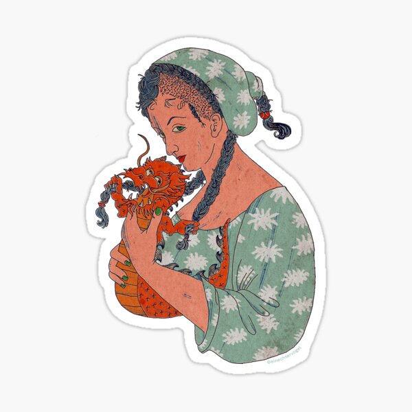 middle ages Woman and a happy dragon Sticker