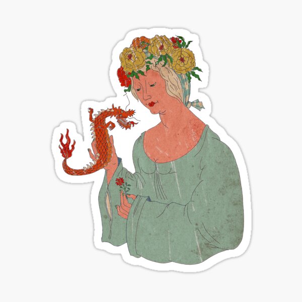 Portrait of a Woman with Flowers in Her Hair and a Dragon Sticker