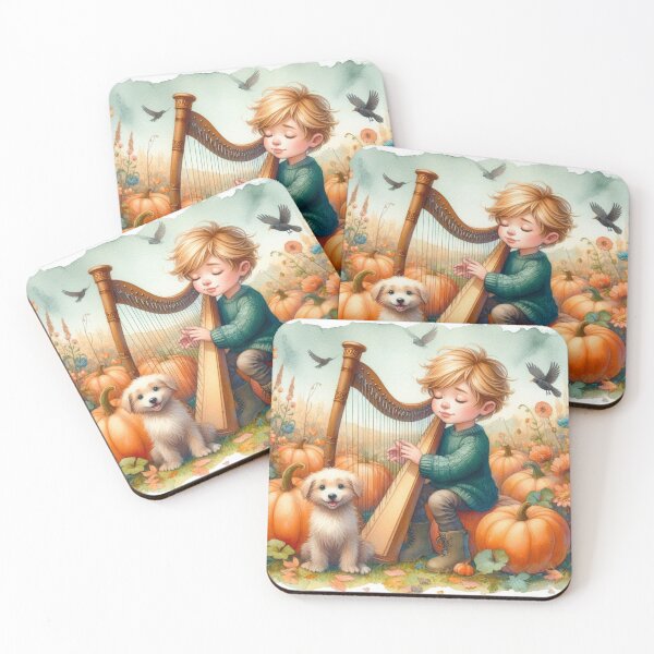 Item preview, Boy Playing Harp with Dog and Birds in Flowery Pumpkin Patch designed and sold by ElegantTeaTime.