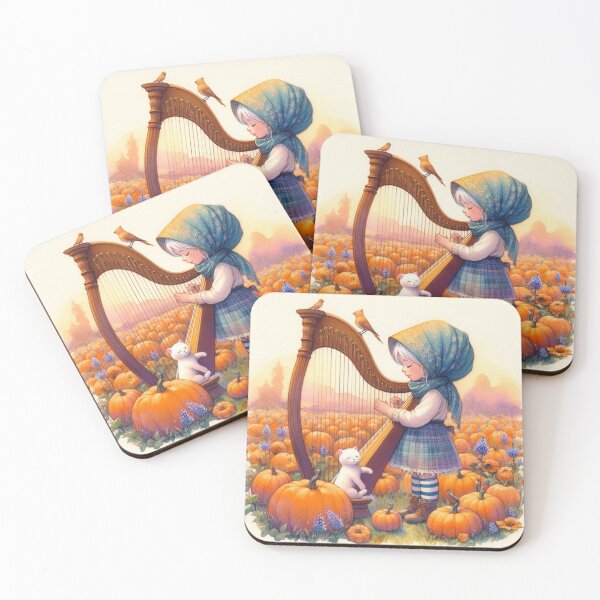 Item preview, Girl Playing Harp with Albino Cat and Birds in Field of Pumpkins and Lupines designed and sold by ElegantTeaTime.