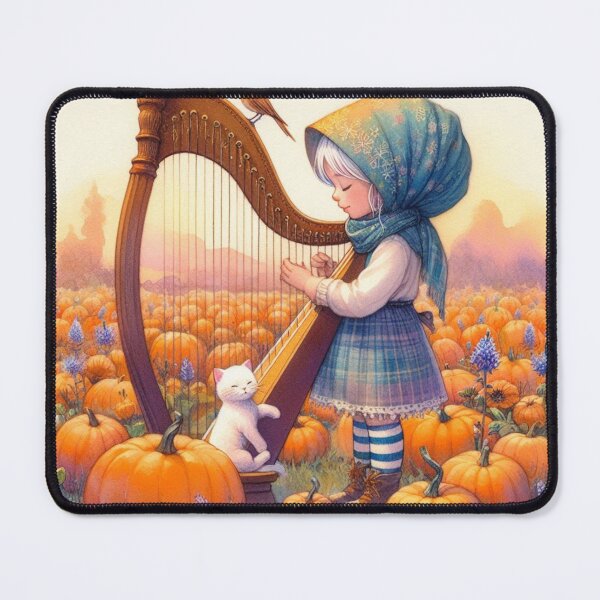 Item preview, Girl Playing Harp with Albino Cat and Birds in Field of Pumpkins and Lupines designed and sold by ElegantTeaTime.