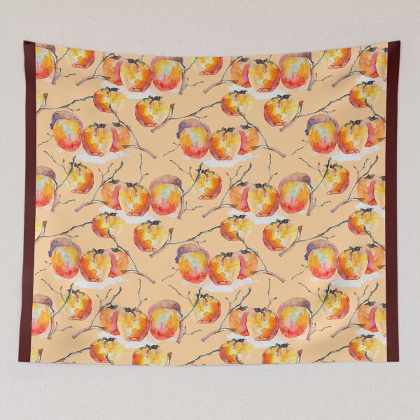 Item preview, persimmon watercolor handmade ocre beige background designed and sold by Alessandro Remo Mazzoni Remotextiles.