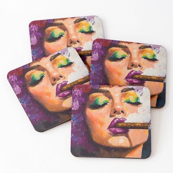 Item preview, A Woman with Green Eyeshadow, Purple Lipstick, Magenta Hair and Floral Elegance Exhaling Smoke from a Cigar designed and sold by OlfactoART Studio.