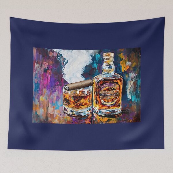 Artikelvorschau, Erfreuen Sie sich an der Lebendigkeit einer Whiskyflasche und eines Glases mit einer Zigarre Abstrakte digitale Kunst entworfen und verkauft von OlfactoART Studio.
