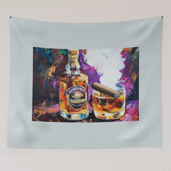 Artikelvorschau, Genießen Sie den Reichtum von Whiskey und einer Zigarre mit lebendigen, wirbelnden Farben KI-generierte abstrakte Kunst entworfen und verkauft von OlfactoART Studio.