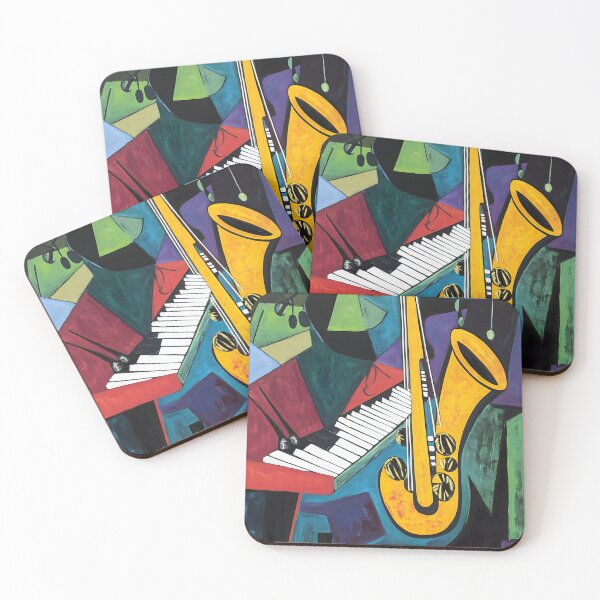 Item preview, Vibrant Abstract Composition with Bold Yellow Saxophone and Monochrome Keyboard Amid Geometric Shape designed and sold by OlfactoART Studio.