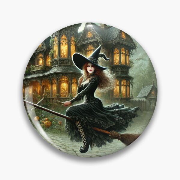 Item preview, Gothic Haunted House with Witch on Broom Full Moon Pumpkin Scene designed and sold by NancyzKreations.