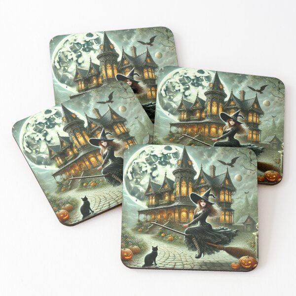 Item preview, Gothic Haunted House with Witch on Broom Full Moon Pumpkin Scene designed and sold by NancyzKreations.