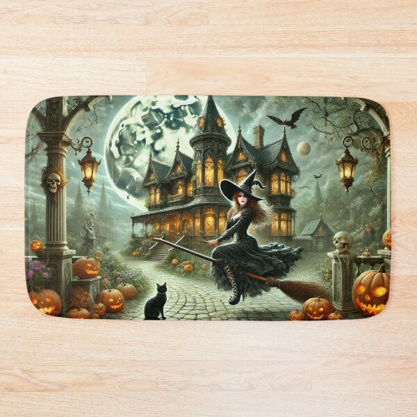 Item preview, Gothic Haunted House with Witch on Broom Full Moon Pumpkin Scene designed and sold by NancyzKreations.