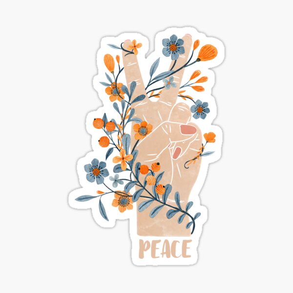 Peace Sign With Orange Flowers, Blue Flowers And Vines Sticker