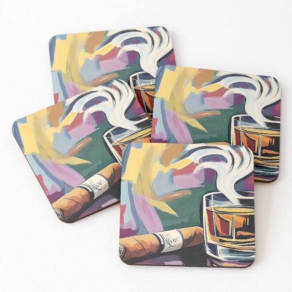 Item preview, Whisky and Cigar with Graceful Swirls of Smoke Rising in Energetic Backdrop Abstract Art designed and sold by OlfactoART Studio.