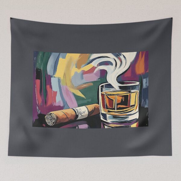 Artikelvorschau, Whisky und Zigarre mit anmutigen Rauchschwaden, die vor einer energiegeladenen Kulisse aufsteigen, abstrakte Kunst entworfen und verkauft von OlfactoART Studio.