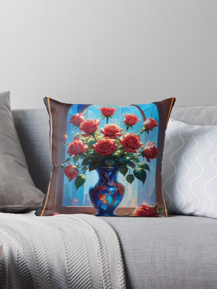 Elegant Red Roses In Ornate Blue Vase With Sunlit Stained Glass Backdrop AI Concept Art by Xzendor7 | Beautiful Still Life 4 Elegant Red Roses In Ornate Blue Vase With Sunlit Stained Glass Backdrop Mystical AI Concept Art by Xzendor7 Decorative Art Print Throw Pillow