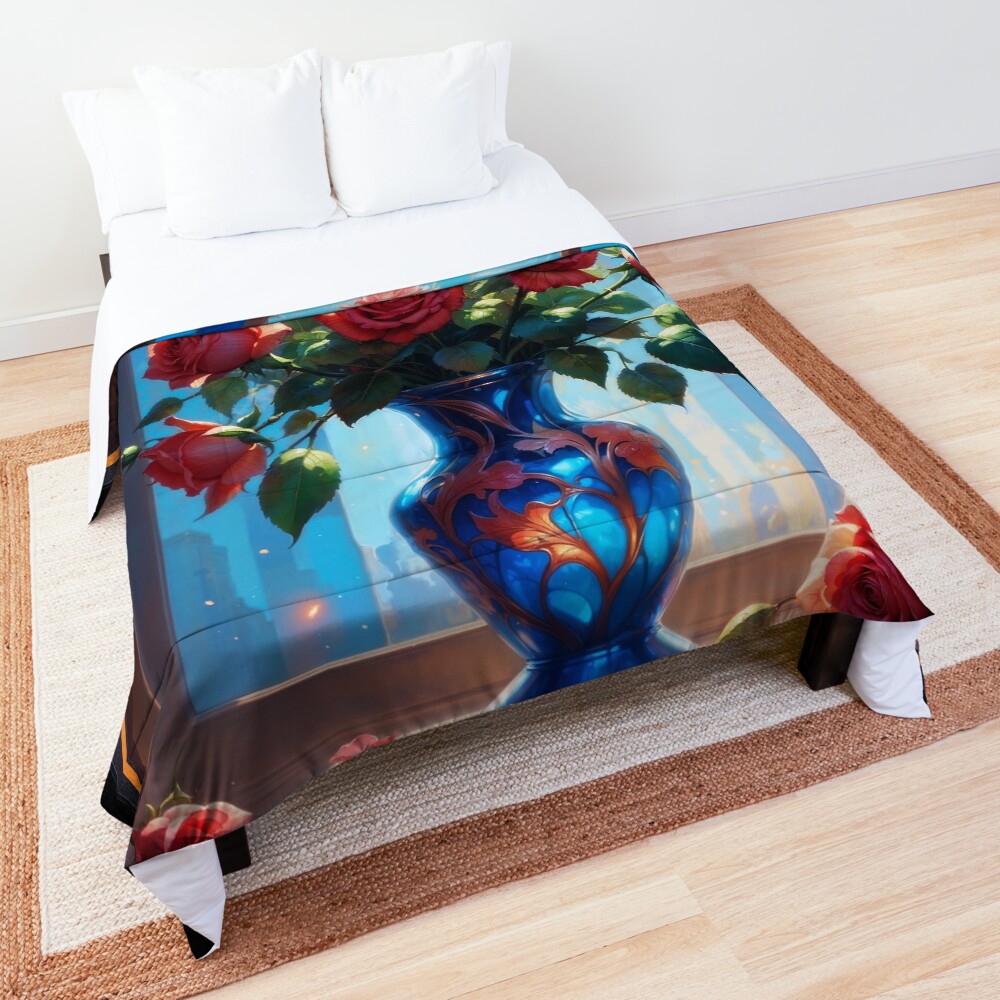 Elegant Red Roses In Ornate Blue Vase With Sunlit Stained Glass Backdrop AI Concept Art by Xzendor7 | Beautiful Still Life 3 Elegant Red Roses In Ornate Blue Vase With Sunlit Stained Glass Backdrop Mystical AI Concept Art by Xzendor7 Decorative Art Print Comforter