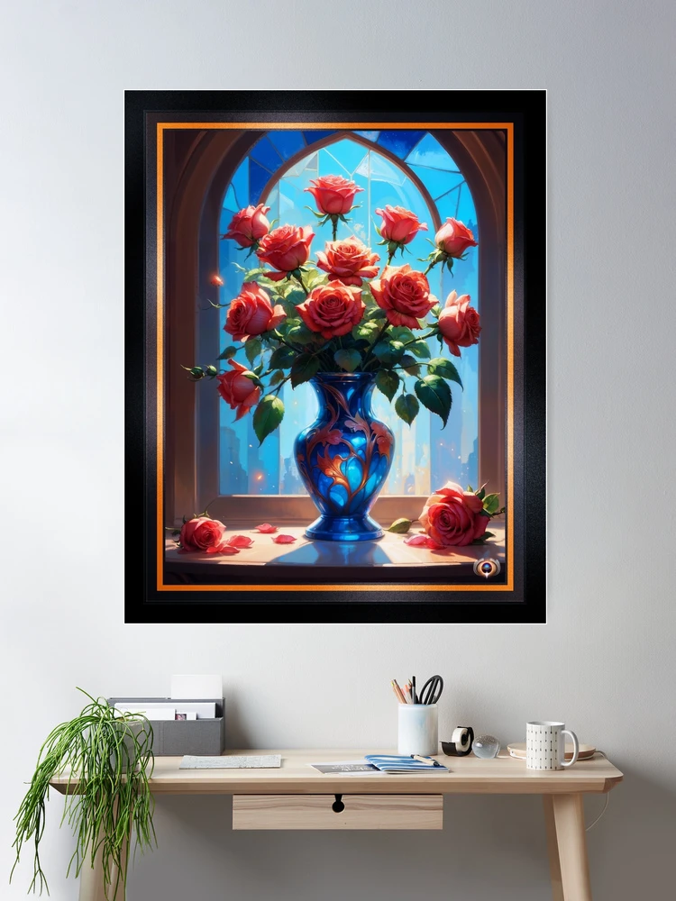 Elegant Red Roses In Ornate Blue Vase With Sunlit Stained Glass Backdrop AI Concept Art by Xzendor7 | Beautiful Still Life 2 Elegant Red Roses In Ornate Blue Vase With Sunlit Stained Glass Backdrop Mystical AI Concept Art by Xzendor7 Wall Decor Poster Art Print