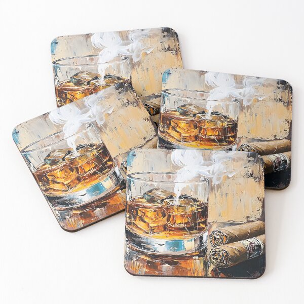 Item preview, Glass of Whiskey with Ice Cubes and Two Cigars with Soft Smoke in a Bold, Abstract Setting designed and sold by OlfactoART Studio.