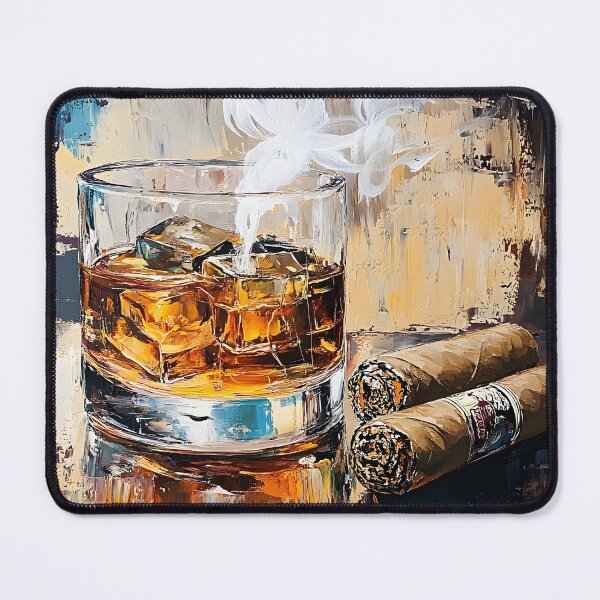 Item preview, Glass of Whiskey with Ice Cubes and Two Cigars with Soft Smoke in a Bold, Abstract Setting designed and sold by OlfactoART Studio.