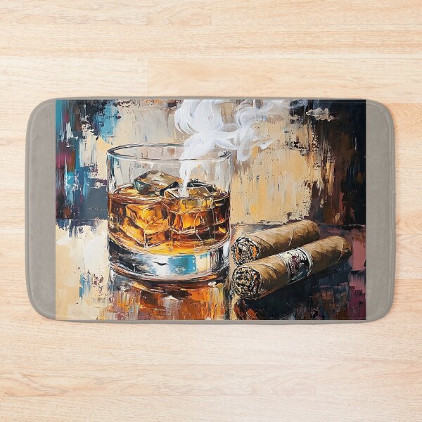 Item preview, Glass of Whiskey with Ice Cubes and Two Cigars with Soft Smoke in a Bold, Abstract Setting designed and sold by OlfactoART Studio.