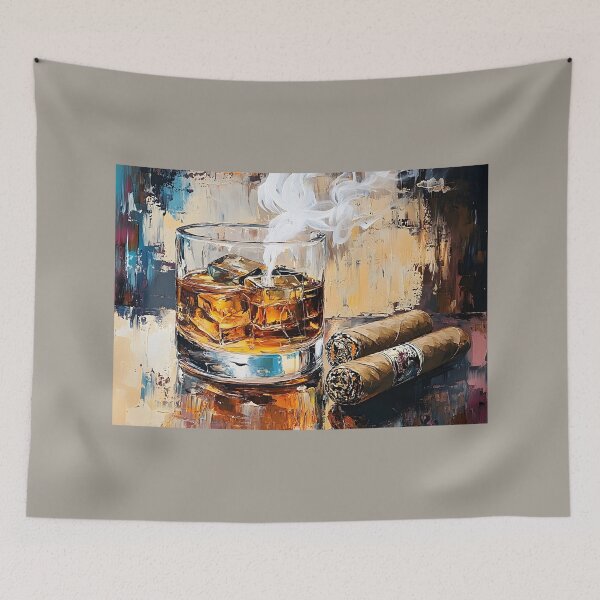 Item preview, Glass of Whiskey with Ice Cubes and Two Cigars with Soft Smoke in a Bold, Abstract Setting designed and sold by OlfactoART Studio.