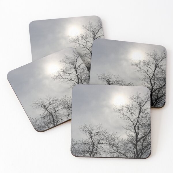 Item preview, Dark black and brown bare tree silhauette against cloudy grey sky and white sun overcast designed and sold by Jacobs-Media.
