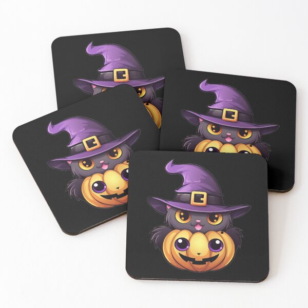 Item preview, Kawaii Halloween Purple Owl with Orange Eyes in Purple Witch Hat and Halloween Carved Pumpkin designed and sold by KawaiiArtStyle.
