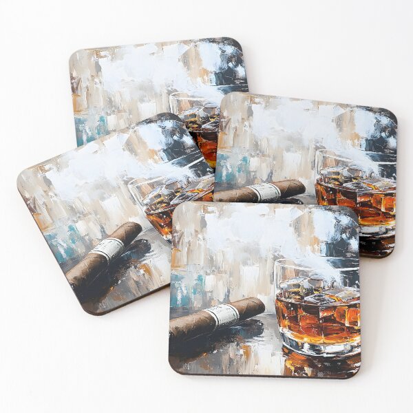 Item preview, Glass of Whiskey with Ice Paired with Cigar on Reflective Surface in Rich and Moody Ambiance designed and sold by OlfactoART Studio.