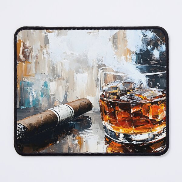 Item preview, Glass of Whiskey with Ice Paired with Cigar on Reflective Surface in Rich and Moody Ambiance designed and sold by OlfactoART Studio.