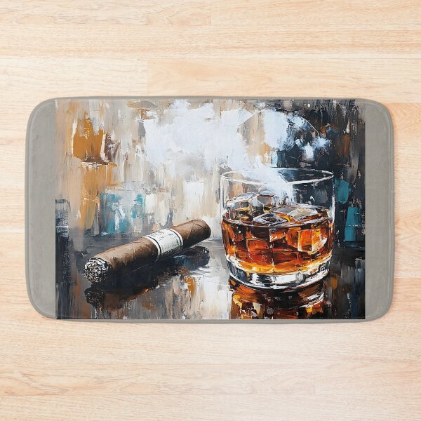 Item preview, Glass of Whiskey with Ice Paired with Cigar on Reflective Surface in Rich and Moody Ambiance designed and sold by OlfactoART Studio.