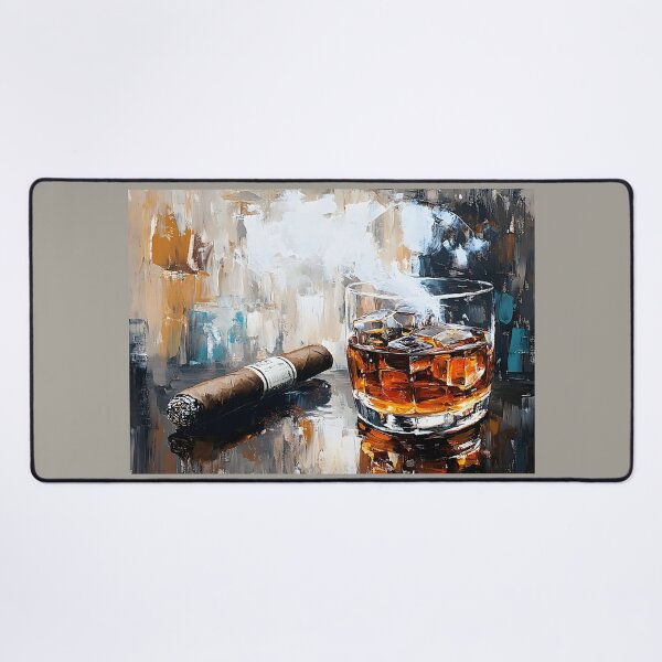 Item preview, Glass of Whiskey with Ice Paired with Cigar on Reflective Surface in Rich and Moody Ambiance designed and sold by OlfactoART Studio.