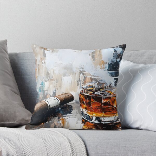 Item preview, Glass of Whiskey with Ice Paired with Cigar on Reflective Surface in Rich and Moody Ambiance designed and sold by OlfactoART Studio.