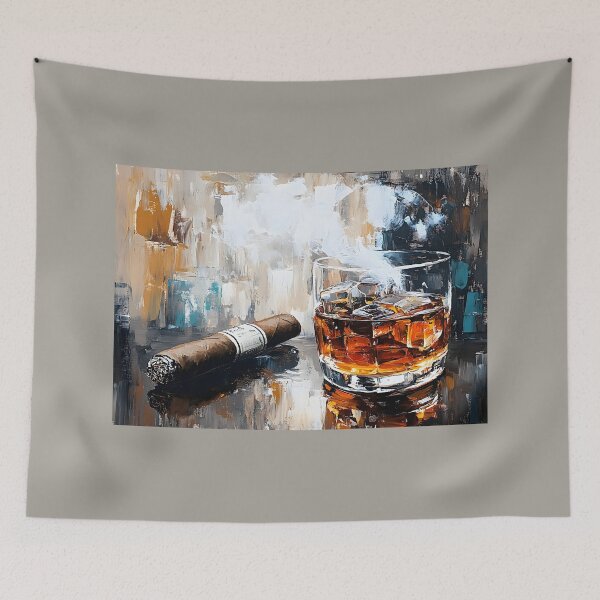 Item preview, Glass of Whiskey with Ice Paired with Cigar on Reflective Surface in Rich and Moody Ambiance designed and sold by OlfactoART Studio.