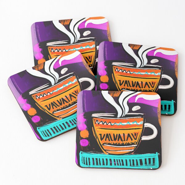 Item preview, Vibrant Colorful Coffee Cup on Turquoise Table with Swirling Steam Against Dynamic Purple and Orange designed and sold by OlfactoART Studio.