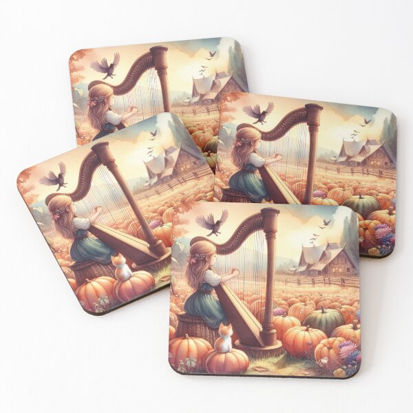Item preview, Girl Playing Harp with Orange Calico Cat and Birds in a Pumpkin Patch by Cottage House designed and sold by ElegantTeaTime.