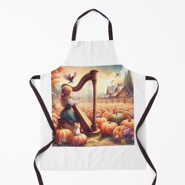 Item preview, Girl Playing Harp with Orange Calico Cat and Birds in a Pumpkin Patch by Cottage House designed and sold by ElegantTeaTime.
