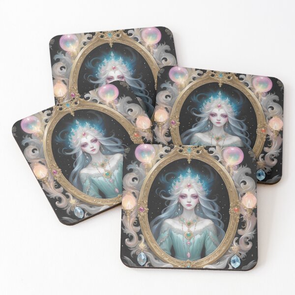 Item preview, Fae Portrait- a pale , unnerving princess with dark eyes stares from a frame of luminous jewels  designed and sold by FloatingGardens.