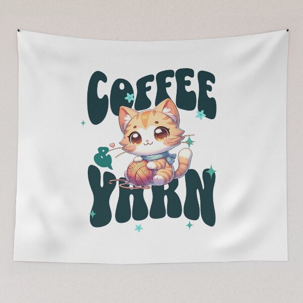 Item preview, Coffee and Yarn Saying, Cute Kawaii Cat designed and sold by dfunky.