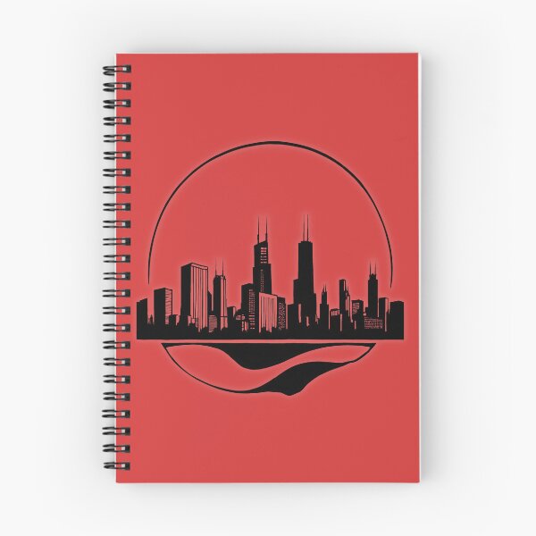 Item preview, Stylized silhouette of Chicago skyline featuring notable skyscrapers and a curved river beneath a circular sun setting designed and sold by Robo-toons.