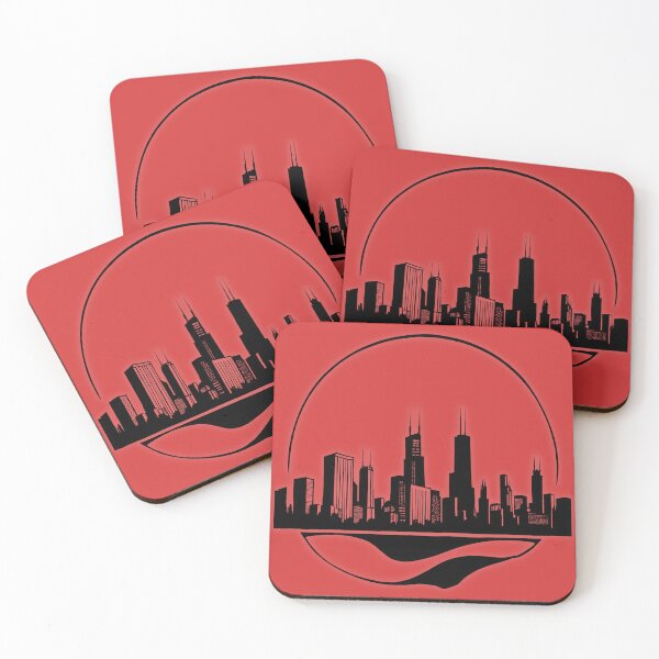 Item preview, Stylized silhouette of Chicago skyline featuring notable skyscrapers and a curved river beneath a circular sun setting designed and sold by Robo-toons.